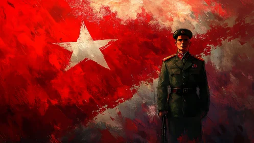 Bold red anthem with solitary soldier before blazing star.