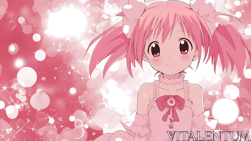 Monochrome pink anime portrait with luminous bokeh field.