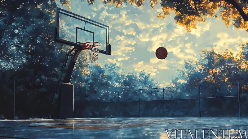 Outdoor basketball hoop under glowing evening sky.
