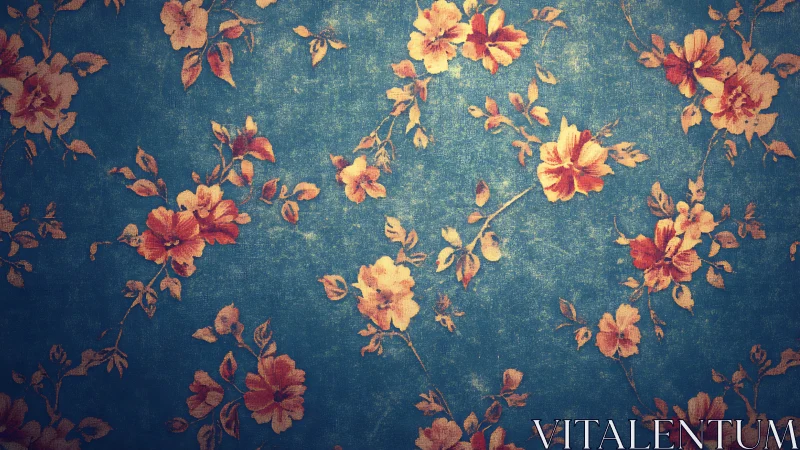 Vintage floral pattern shows orange flowers on blue background