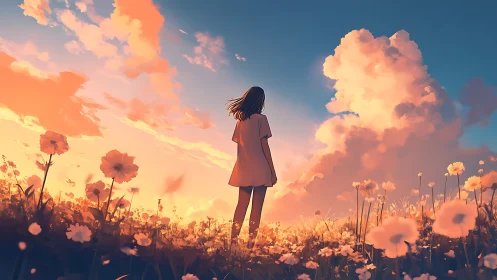 Girl stands in glowing flower field under vivid sunset sky.