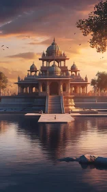 Sunlit domed temple reflected in tranquil lakeside water