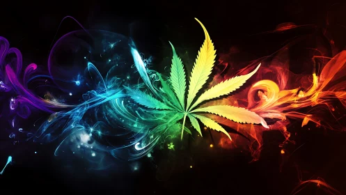 Colorful cannabis leaf with swirling neon smoke effects.