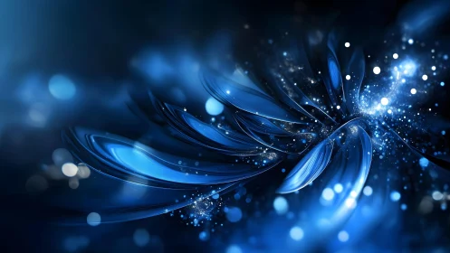 Abstract blue fractal flower with glowing particles, digital art.