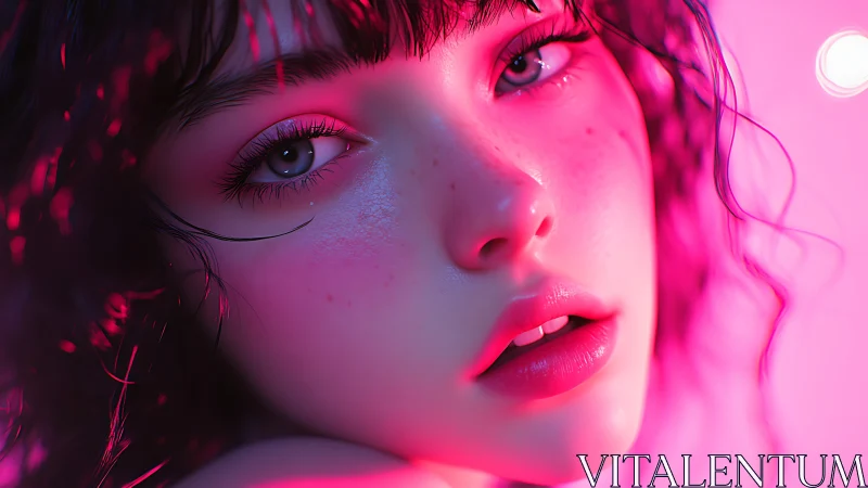 Close portrait of stylized young face in pink neon light.