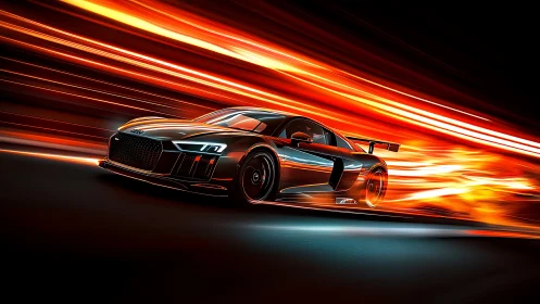 Flaming motion streaks framing a futuristic race car.