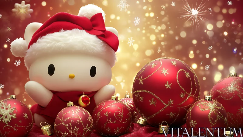 Festive kitty in red Santa hat cuddles bright ornaments