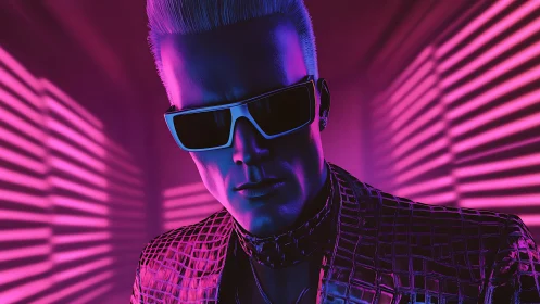 Neon-lit cyberpunk portrait renders chrome-clad figure in profile