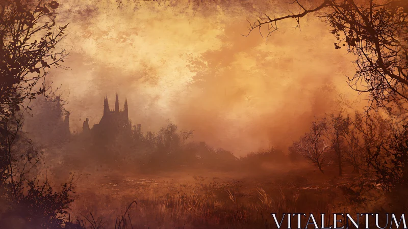 Gothic citadel silhouette in atmospheric sepia wasteland fog.
