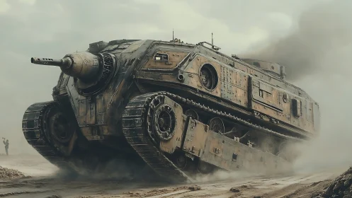 Heavy tracked combat vehicle crossing sandy battlefield.