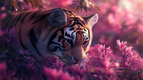 Tiger rendered in shallow-depth bokeh, sampling soft magenta foliage