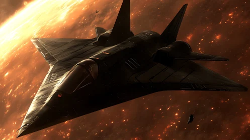 Stealth starfighter cuts through a glowing cosmic battlefield.