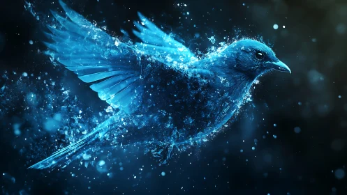 Blue translucent bird dissolving into particulate fragments.