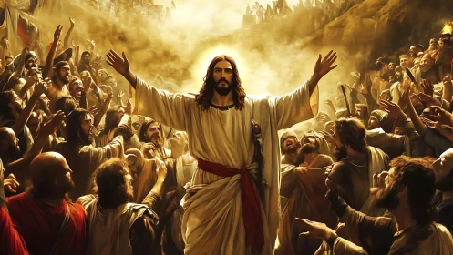 Religious leader with raised arms before large rejoicing crowd.