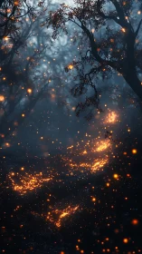 Forest canopy with luminescent particle dispersal.