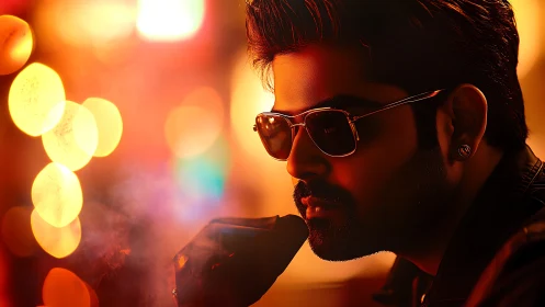 Man in sunglasses with bokeh lights and warm tones.