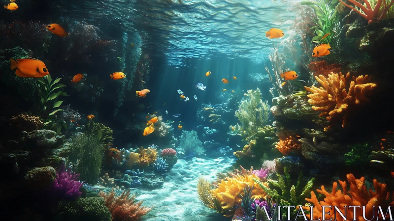 Sunlit coral reef alive with playful orange tropical fish.