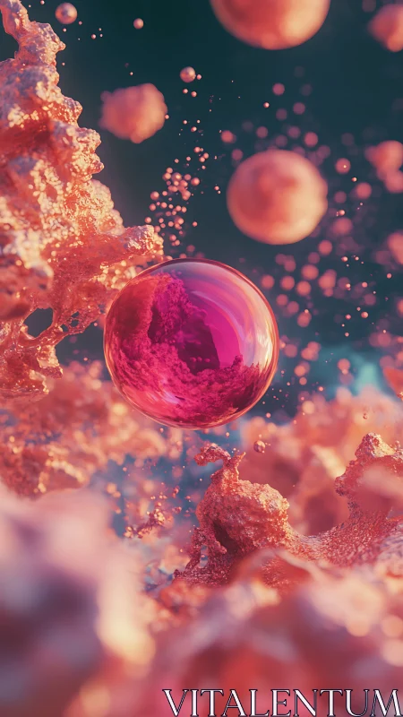 3D chromatic sphere amid coral-like particulate field composition.