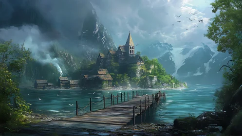 Medieval castle on island surrounded by mountains and water