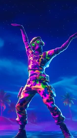 Neon camo soldier model in stylized 3D under saturated night sky