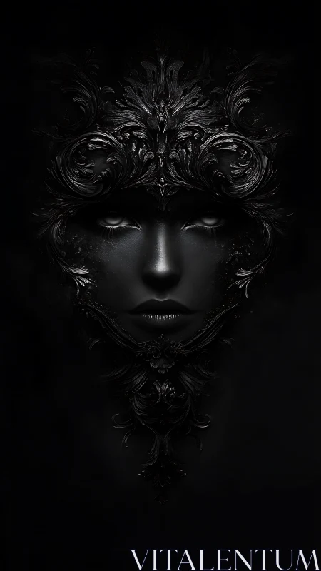 Baroque black mask merges with spectral female visage in shadow