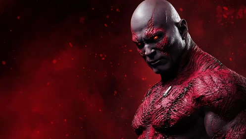 Red-skinned humanoid figure with glowing eyes in profile.