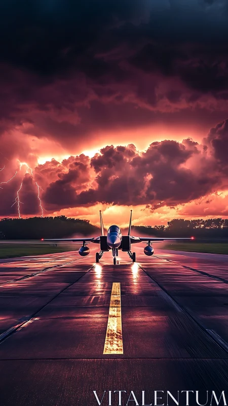 Fighter jet aligned on wet runway under electric storm sky