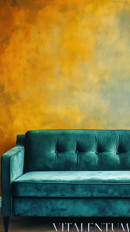 Teal velvet sofa against textured ochre interior wall plane.