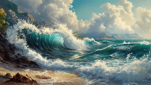 Dynamic turquoise surf against sunlit coastal mountains.