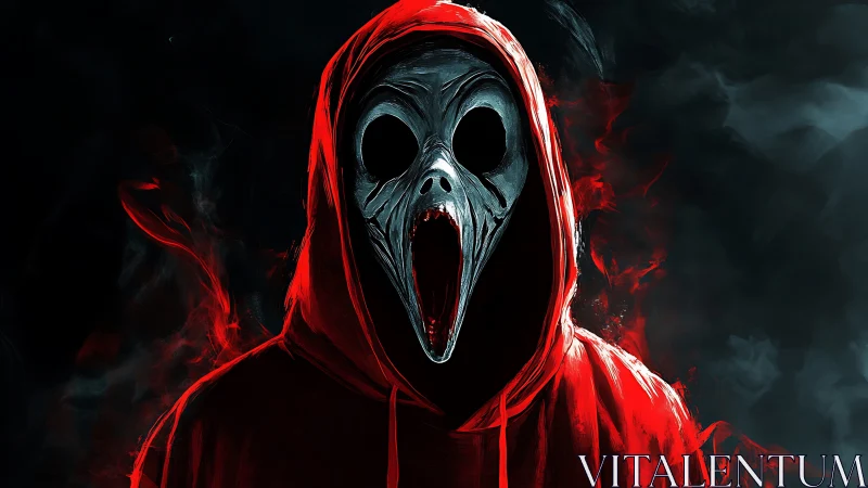 Hooded wraith shrieks in crimson smoke and shadowed void.