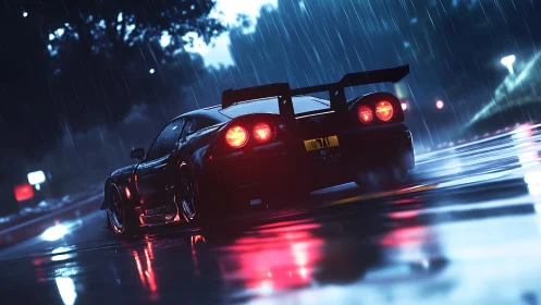 Street racer navigates neon reflections on a rainy night.