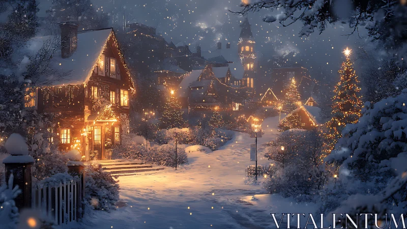 Snow-laden village street with incandescent festive illumination.