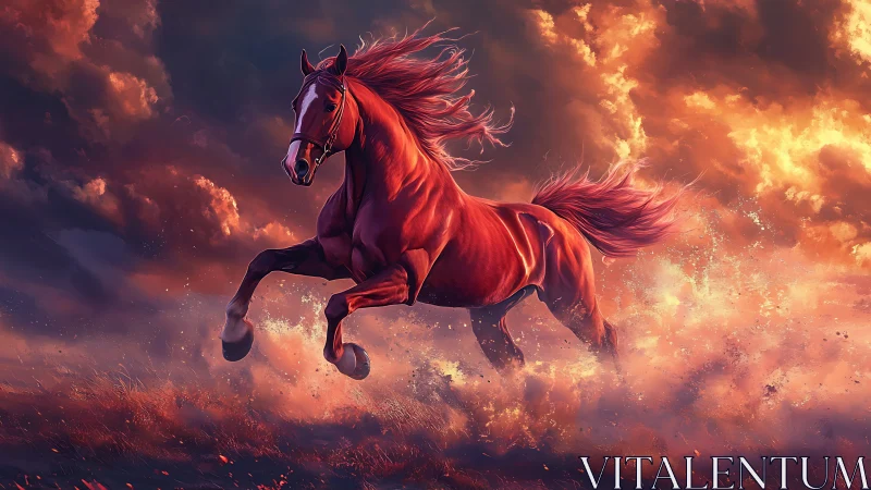 Red horse running through fiery clouds and dust storm.