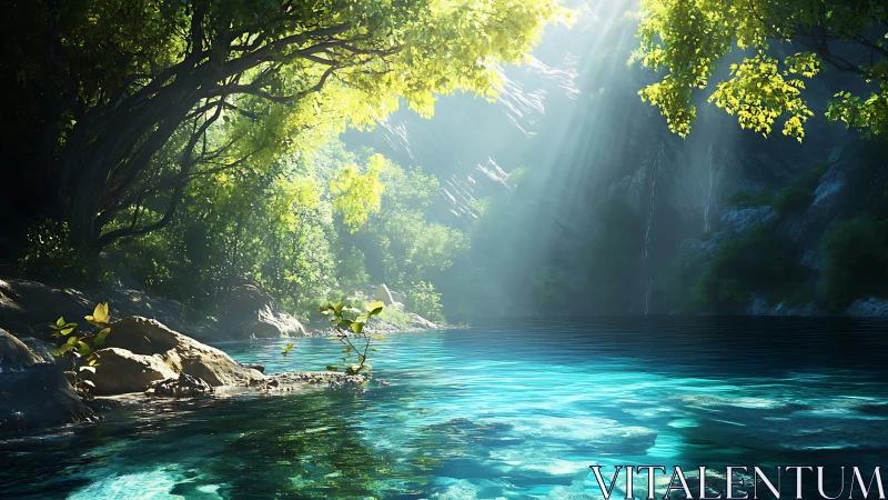 Sunlit forest lagoon shimmers beneath cascading rays.