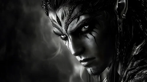 Monochrome dark elf portrait renders high-contrast intensity