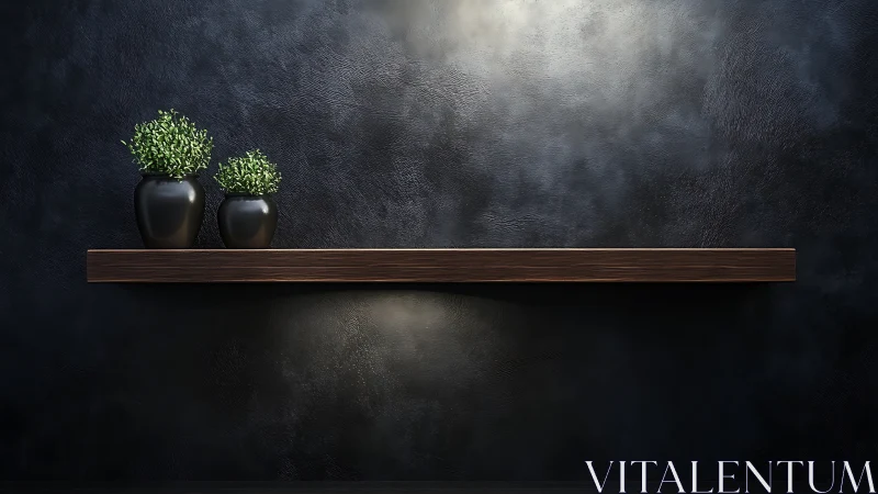 Minimalist wood shelf with black planters on dark wall.
