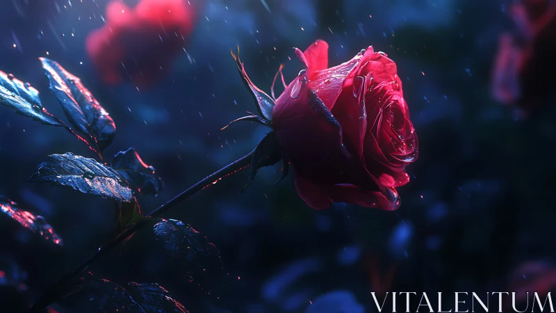 Neon Red Rose in Rain with Blue Lighting.
