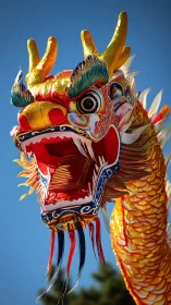 Vibrant festival dragon head against clear blue sky detail.