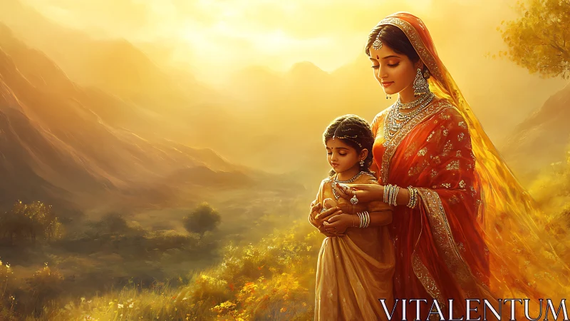 Indian mother and daughter in traditional attire, glowing sunset art.