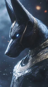 Jackal-headed armored figure with glowing blue eye profile.