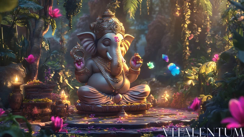 Serene Ganesha sculpture illuminated in mystical jungle clearing