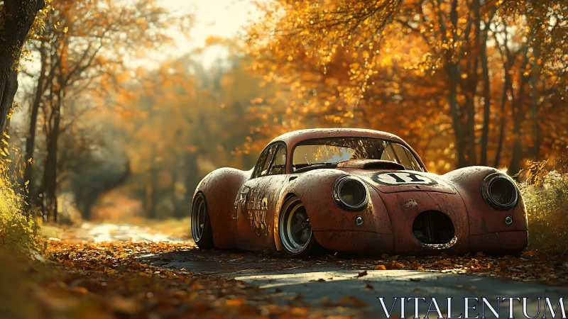 Rusty race car resting in a golden autumn forest lane.