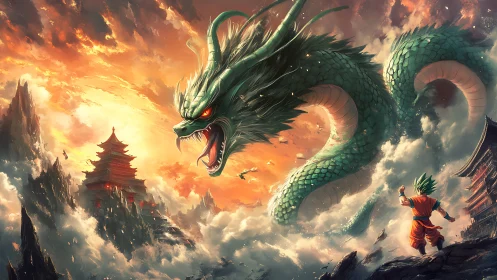 Emerald sky dragon towers over warrior above burning temples.