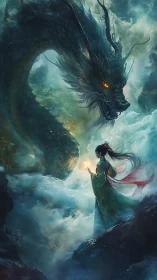 Human figure stands before serpentine dragon in clouded gorge