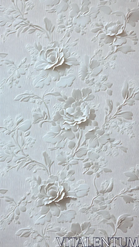 Embossed ivory floral relief wallpaper with sculpted peonies.