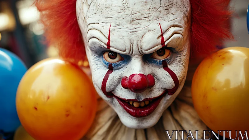 Sinister clown close-up with balloons and red makeup.