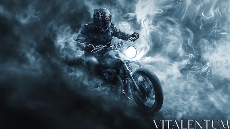Motorcyclist rides through dense swirling smoke at night