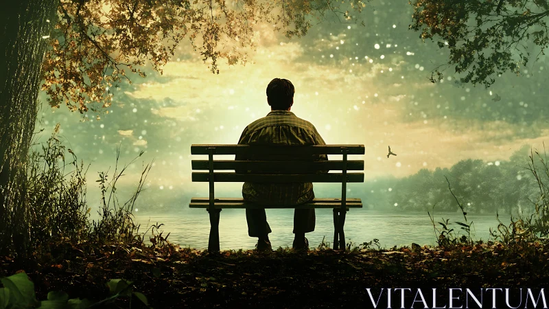 Solitary figure on lakeside bench under warm glowing sky