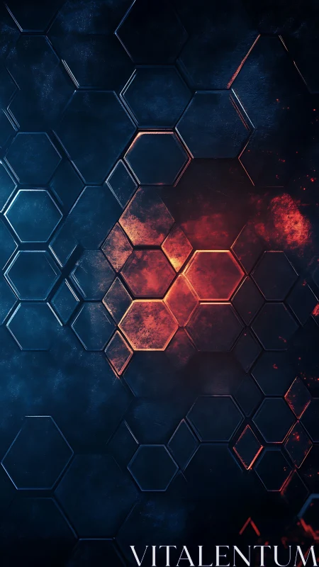 Hexagon grid with blue and red glowing abstract contrast.