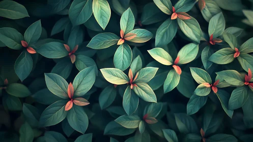 Radial foliage rosette pattern with teal leaves and coral bracts